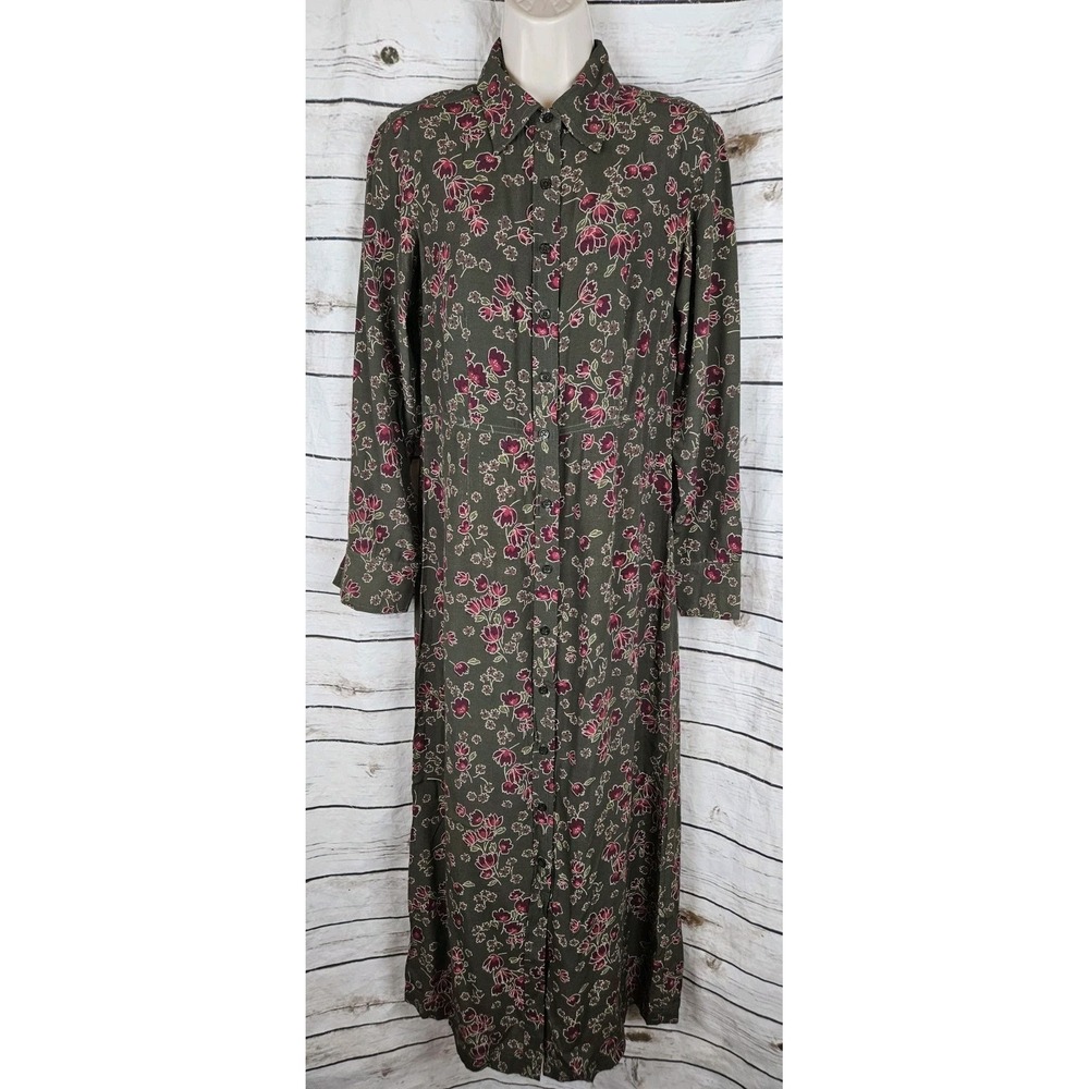 Vintage Eddie Bauer Olive Green Floral Shirt Dress S Womens Y2K Midi 100% Rayon